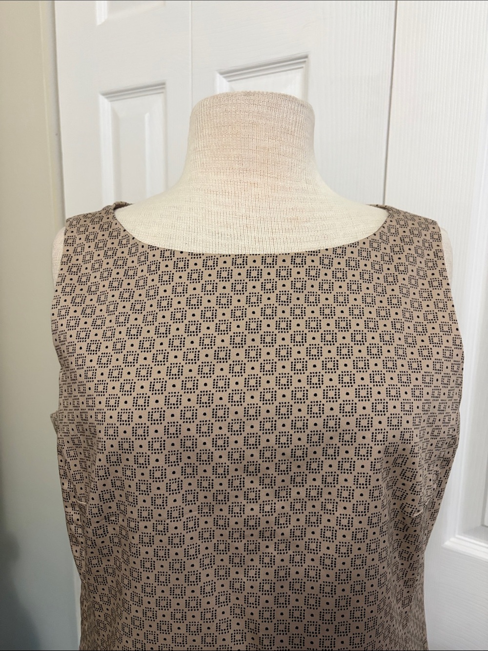 Beige Pendleton Top with Geometric Black Print and Contrasting Black Hem Size 12